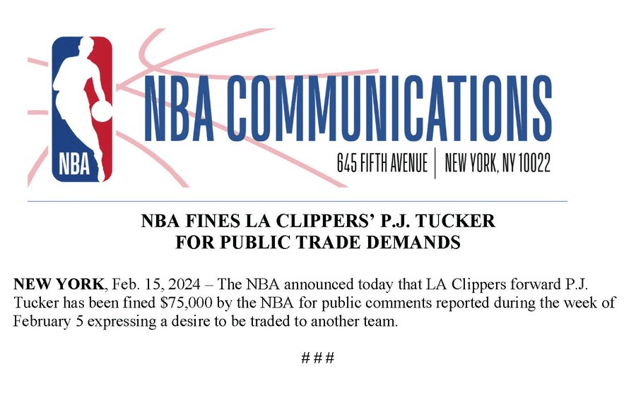 NBA:NBA官宣罚单NBA！塔克公开申请交易被罚7.5万美元 曾连续抱怨快船76人