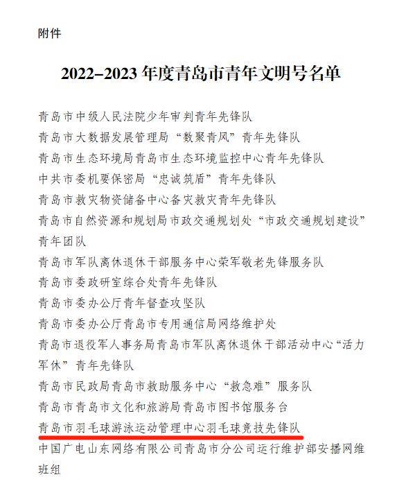 168体育网：市羽毛球游泳运动管理中心羽毛球竞技先锋队获评2022-2023年度青岛市“青年文明号”